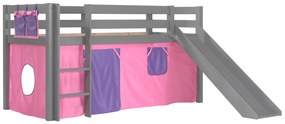 Conjunto Cama alta de Criança PINO 90 x 200 cm + estrado + escada + escorrega + cortina Bella Cinzenta