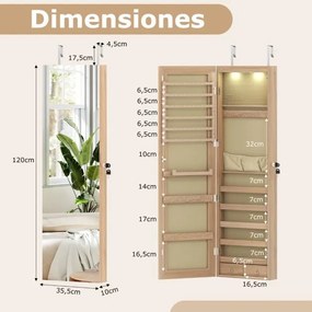 Armário de joias em madeira com espelho de parede e LED interno Organizador de porta ou parede com chave 35,5 x 10 x 120 cm Natural