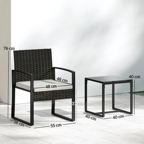 Conjunto de Móveis de Jardim de 3 Peças em Vime PE com Cadeiras Mesa de Vidro Temperado e Almofadas Castanho e Creme
