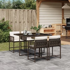 vidaXL 5 pcs conjunto jantar p/ jardim c/ almofadões vime PE castanho