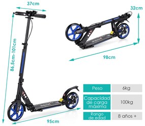 Trotinete dobrável com rodas e guiador ajustável para crianças + 8 anos  95 x 37 x 86,5-101 cm Azul