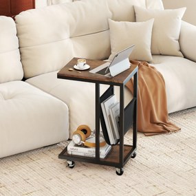 Mesa Auxiliar em Forma de C com Rodas Mesa de Sofá Industrial de 3 Níveis com Estrutura de Metal 40 x 28 x 59 cm Castanho Rústico