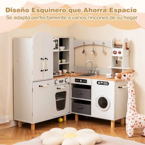 Cozinha de brincar de canto 96 × 91 × 105 cm em madeira com frigorífico de porta dupla, cafeteira, máquina de lavar roupa, 12 acessórios, luzes e sons