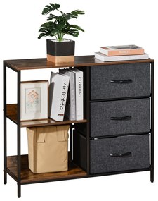 Cómoda de Estilo Industrial com Cestos de Tela Dobráveis e 2 Prateleiras para Dormitório Sala de Estar Corredor 80x29x71cm Marrom Rústico e Cinza Escu