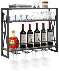 Garrafeira metálica industrial de parede para vinhos 3 níveis 4 suportes para copos Estante para garrafas para bar cozinha 80 x 20 x 63 cm Castanho