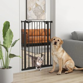 Barreira de segurança para animais com 104 cm de altura com porta para gatos, fecho automático e sistema de dupla travagem, ajustável de 74 a 80 cm, e