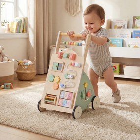 Andador infantil de madeira com rodas e cesto de arrumação – Brinquedo Montessori para andar, para crianças a partir de 1 ano – Natural + Verde