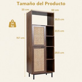 Estante de Arrumação, 60 x 35 x 157 cm, Portas de Vime, Castanho