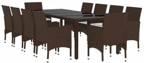 11 pcs conjunto de jantar para jardim vime PE castanho