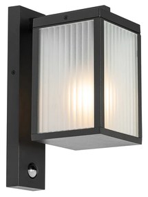 Candeeiro de parede exterior preto com vidro canelado e sensor de movimento - Charlois Moderno