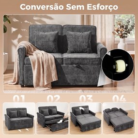 Sofá-cama 2 Lugares 3 em 1 com Encosto Ajustável em 5 Posições Bolsos Laterais e 2 Almofadas Cinza