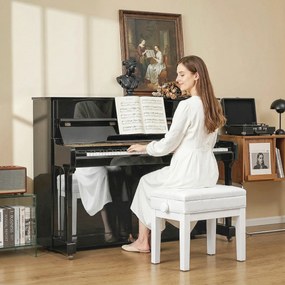 Banco de piano com baú integrado, altura ajustável, em madeira de seringueira, assento com revestimento sintético branco