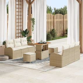 Conjunto de Sofá de Jardim 9 Peças com Almofadas Bege Rattan Poliéster Acácia