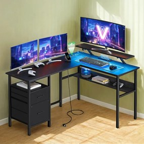 Secretária em forma de L com Iluminação LED ajustável e com tomadas 120 x 150 x 76 cm preto