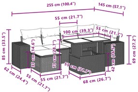 7 pcs conjunto de sofás p/ jardim com almofadões vime PE bege