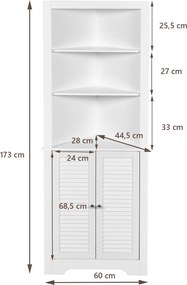 Armário de canto alto  60 x 44,5 x 173 cm para casa de banho ou cozinha triangular com 3 prateleiras abertas e 2 portas Branco