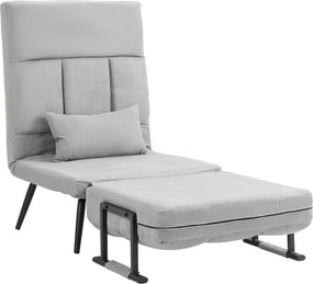 Poltrona convertível 3 em 1 em cama individual com encosto reclinável em 5 posições, braços e almofada, tecido com efeito de veludo, cinzento