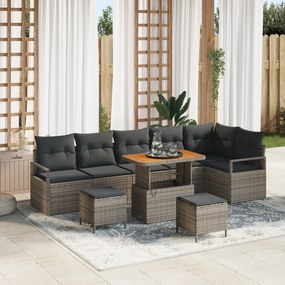 Conjunto de Sofá de Jardim de 9 peças com Almofadas Cinza Vime Poliéster Acácia