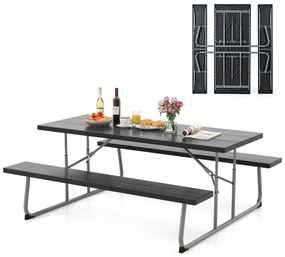 Mesa de piquenique dobrável de 183 cm para 8 pessoas com 2 bancos Estrutura metálica Furo para guarda-sol Preta