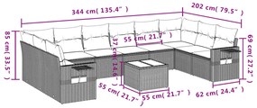 11 pcs conjunto sofás de jardim c/ almofadões vime PE castanho