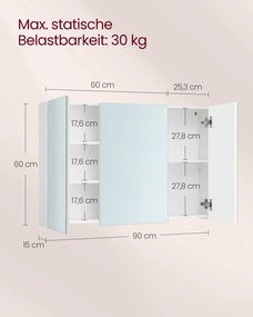 Armário de parede casa de banho com espelho e prateleira regulável, 15 x 90 x 60 cm branco