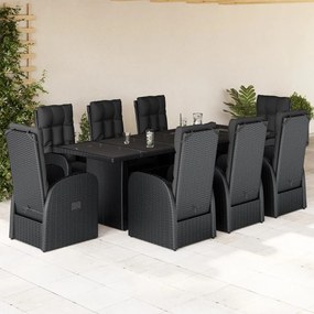 vidaXL 9 pcs conjunto de jantar p/ jardim c/ almofadões vime PE preto
