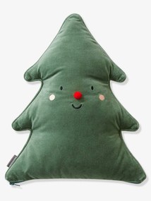 Almofada personalizável em forma de árvore de Natal verde escuro liso com motivo