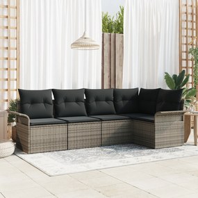 Conjunto de Sofá de Jardim de 5 Peças com Almofadas Cinza Rattan Polié