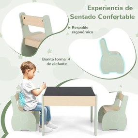 Conjunto de mesa e cadeiras infantil de 3 peças com arrumação e quadro removível para sala de jogos e creche verde