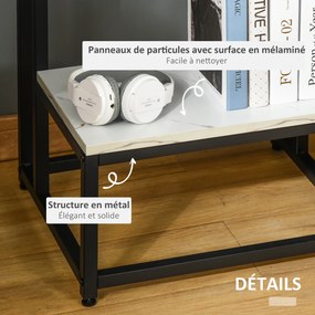 Mesa de centro moderna para sala de estar, mesa auxiliar para quarto, estrutura em aço preto, tampo e prateleira com aspeto de mármore branco