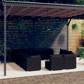 vidaXL 12 pcs conjunto lounge de jardim c/ almofadões vime PE preto