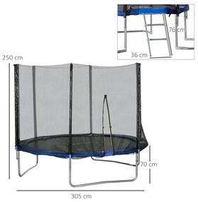 Trampolim de Exterior Ø305x250 cm Trampolim para Crianças e Adultos com Rede de Segurança e Escada Azul