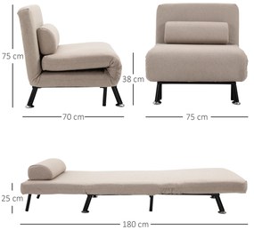 Sofá Cama Individual Dobrável Estofado em Linho com Encosto Ajustável em 5 Níveis e Almofada Acolchoada 75x70x75 cm Bege