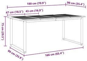 Mesa de Jantar Externa vidaXL Cinza 180x90x75 cm Aço e Madeira Sólida