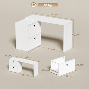 Secretária Reversível em Forma de L com 2 Gavetões Arquivadores, Design Moderno para Espaços Pequenos, Escritório Branco