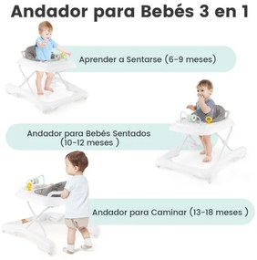 Andarilho dobrável para bebés 0-24 meses Centro de actividades com 3 alturas ajustáveis Assento almofadado Andarilho com rodas Cinzento