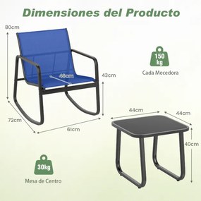 Conjunto de 3 peças baloiço para jardim, 2 cadeiras de bistrô e mesa baixa de vidro com tecido de malha respirável e faixa antiderrapante Azul