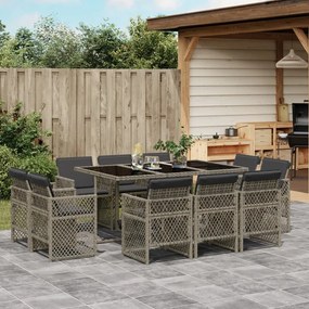 vidaXL 11 pcs conjunto jantar p/ jardim c/ almofadões vime PE cinzento