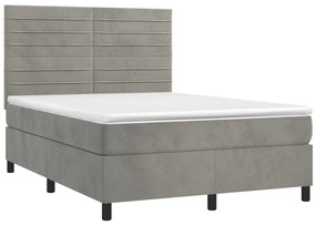 Cama box spring c/ colchão/LED 140x200 cm veludo cinzento-claro