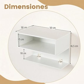 Mesa de Cabeceira Flutuante, 50 x 30 x 36,5 cm, 2 Compartimentos Abertos, Branco
