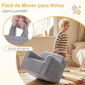 Sofá para crianças, espuma de alta densidade, capa de pelúcia com fecho, lavável, alça de transporte, antiderrapante, a partir dos 3 anos, cinzento