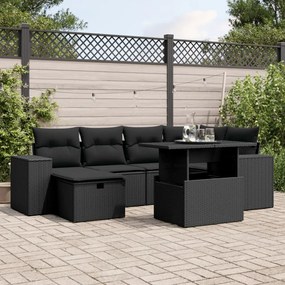 7 pcs conjunto de sofás p/ jardim c/ almofadões vime PE preto