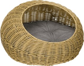 PawHut Toca para Gatos com Almofada Lavável, para Animais até 4 kg, Interior, Rattan sintético, Ø50 x 31 cm, Marrom claro | Aosom Portugal