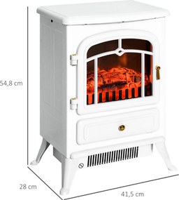 Lareira elétrica com efeito de chama 45 x 28 x 54 cm, estilo retro, termóstato, 950-1850 W, proteção contra sobreaquecimento, branca
