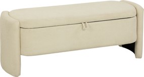Banco de cabeceira, 118 x 42 x 45 cm, banco com arrumação estofado em tecido felpudo, pés em madeira de eucalipto, creme