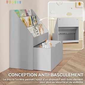 Estante infantil com vários compartimentos, com 3 níveis de prateleiras e uma gaveta, 62,5 L x 30 L x 70 A cm, cinzenta