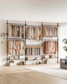 Guarda roupa 33,5 x (240-353) x (208-310) cm com Barras telescópicas com 6 barras e 3 prateleiras em preto