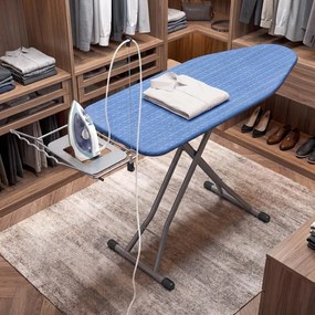 Tabua de engomar dobrável, 160 x 48,5 x (75-92) cm com altura ajustável e suporte para cabos azul-preto