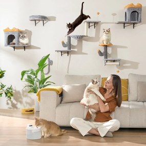 Conjunto de torre para gatos montada na parede com plataforma de 2 níveis, 2 casinhas e arranhador cinza