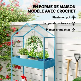 Prateleira para plantas de 2 níveis 75 x 35 x 150 cm, suporte para plantas em metal com gancho, suporte para vasos em forma de casa, azul